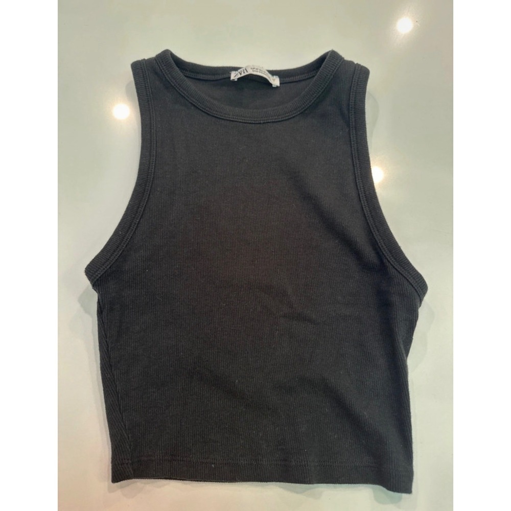 Zara Black Ribbed Racerback Crop Tank Top Womens Size Medium Cotton Blend Basic